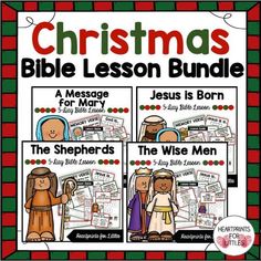 christmas bible lesson bundle for kids with pictures and text on the front, in red and green