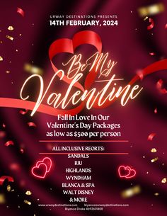 valentine's day flyer with hearts and confetti in the air, on a purple background