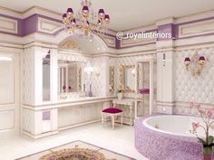 a bathroom with purple and white decor on the walls, chandelier, tub and sink