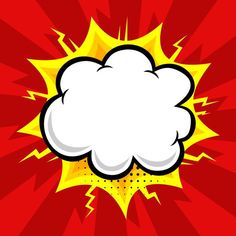 an illustration of a comic book explosion with white clouds and yellow stars on red background