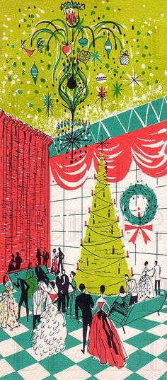 an illustration of a christmas tree in a room with red curtains and people standing around it