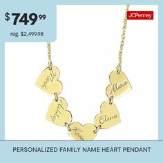 She'll carry a thoughtful reminder of her loved ones close to her heart every time she wears this heart necklace. Each heart charm is personalized with up to seven script letters. Made in America.Metal: 14K yellow or white gold, 10K yellow or white gold, 14K yellow gold over sterling silver or sterling silverClosure: Spring-ringDimensions: 18" long rope chainPersonalize: Up to 5 hearts, with up to 7 script letters per heartCare: Wipe CleanCountry of Origin: Made in USJewelry photos are enlarged… Script Letters, Family Jewelry, Family Jewellery, Script Lettering, Jewelry Personalized, Personalized Family, Family Name, Made In America, Heart Pendant Necklace