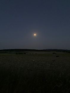 the full moon is seen in the distance over a grassy field at night with no clouds