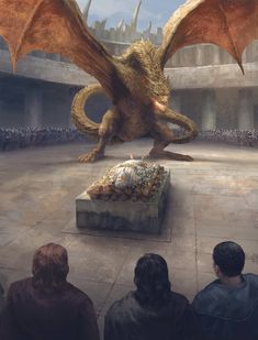 a large dragon sitting on top of a stone slab in front of a group of people