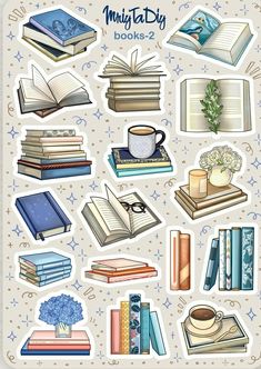 stickers with books and coffee on them