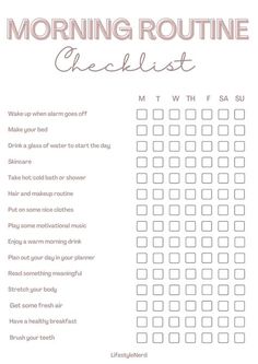 Make sure you get the best start of the day by using this morning routine checklist. Use digitally or print for analogue. Morning And Night Routine Checklist, Morning Routine Checklist Aesthetic, Morning Checklist For Women, Daily Morning Routine Checklist, Morning Routine For Intj, Nighttime Routine Checklist, Morning Routine Checklist For Women, Things To Do In The Morning, Aesthetic Morning Routine List