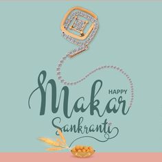 happy makar sankrarat greeting card with golden necklace and pearls on blue background