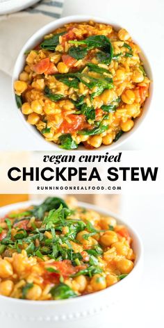 two bowls filled with chickpea stew and spinach