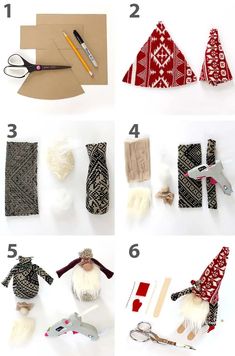 the instructions to make gnomes out of fabric and wood are included in this step - by - step photo