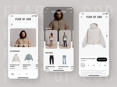 three mobile screens showing clothing and accessories on the same screen, one with an image of a man wearing a hoodie