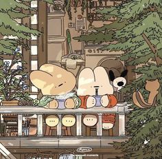 two cartoon bears sitting on top of a porch next to a tree and potted plant