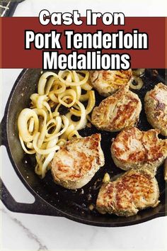 Cast Iron Pork Tenderloin Medallions are a weeknight
 lifesaver for busy weeknights. This incredibly quick and easy recipe 
creates perfectly cooked, juicy pork tenderloin medallions in just 
minutes. 
Take advantage of those two-for-one pork marinated tenderloin deals 
at the grocery store, and have a restaurant quality dinner in less than 
20 minutes! Pork Medallions In Oven, Frozen Casserole Recipes, Pork Medallion Recipes, Pork Tenderloin Medallions, Juicy Pork Tenderloin, Pork Medallions, Marinated Pork Tenderloins, Marinated Pork, Pork Tenderloin Recipes