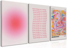 three canvases with the words good things are coming in pink, orange and blue