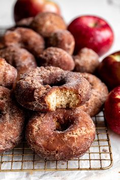 fried apple cider donuts with bite out and apples Autumn Breakfast, Cider Donuts Recipe, Apple Cider Donuts Recipe, Winter Brunch, Fried Recipes, Fried Apple, Baking Lessons, Homemade Doughnuts, Christmas Donuts