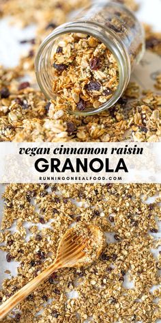 granola in a glass jar with a wooden spoon on top and the words vegan cinnamon raisin granola above it