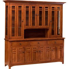 a wooden china cabinet with glass doors on the top and bottom, in front of a white background