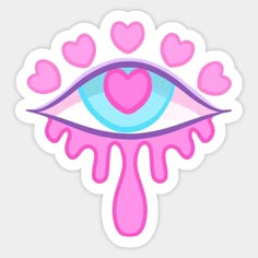 a pink sticker with hearts floating out of it and an eye in the center