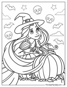 a coloring page with a witch and her pumpkin