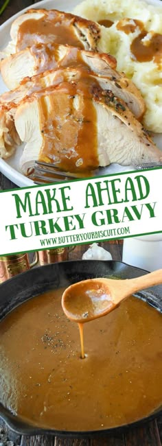 a turkey gravy being drizzled over mashed potatoes