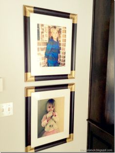 two framed pictures hang on the wall above a dresser