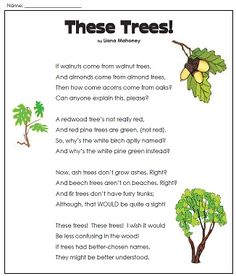 the tree poem is shown with pictures of different trees and leaves, including an acorn