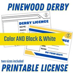 two white and blue striped labels with the words,'pinewood derby'on them