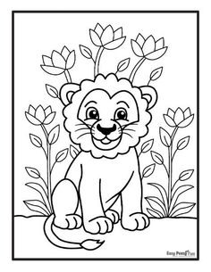 the lion is sitting in front of some plants and flowers coloring pages, coloring sheets, kids