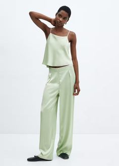 Flowy satin trousers Satin Trousers, Satin Pants, Textured Design, Total Look, Pantalon Large, Pastel Green, Dress Trousers, Texture Design, Co Ord