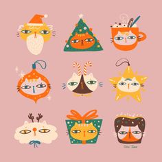 a bunch of cats that are wearing christmas hats and decorations on their heads, all in different colors