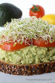 an avocado sandwich with sprouts on top and tomatoes in the background