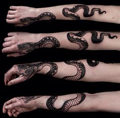 three different types of tattoos on both arms and legs, one with a snake in the middle