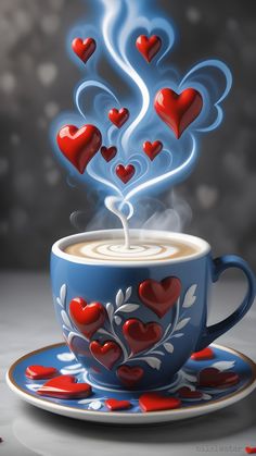 a coffee cup with hearts floating out of it