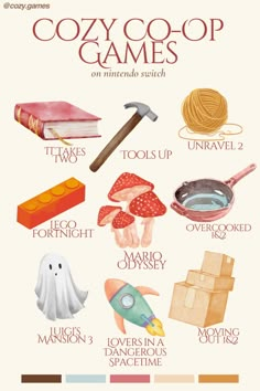 a poster with different types of objects on it's side and the words cozy co - op games