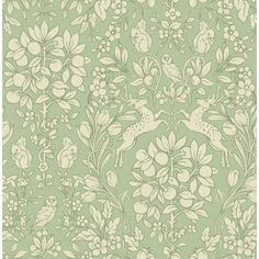 a green wallpaper with white flowers and birds on the top, in front of a light green background