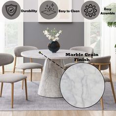 marble grain finish dining table with four chairs around it and the text describing how to clean