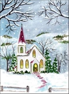 a painting of a church in the snow