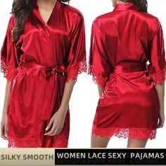 Women Ice Silk Pajamas Robes Sleepwear Nightgowns Nightdress Lace Smooth Soft Comfortable Casual Pure Color Only Red Available In Size L And M Same Day Shipping New With Tag Moda Kimono, Short Satin, Mode Kimono, Lace Nightgown, Night Dress For Women, Lace Kimono, Lace Silk, Silk Robe, Silk Pajamas