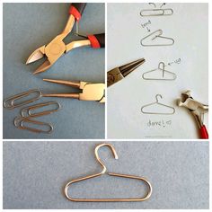 two pictures with scissors and some wire on the bottom one has paper clips attached to it