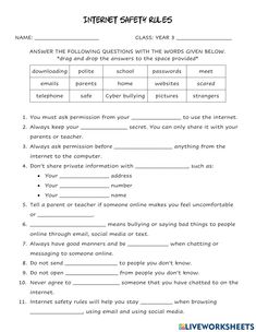 the worksheet for internet safety rules is shown in black and white, with text on