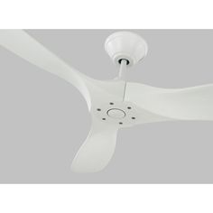 a white ceiling fan with two blades on the top and one light on the bottom