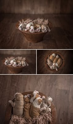 there are several pictures of stuffed animals in a wooden bowl on the floor, and one is laying down