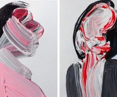 two paintings with different colors and shapes on each side, one in pink and the other in black