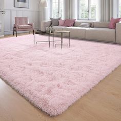 a living room with a pink rug on the floor