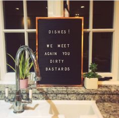 Felt letter board inspiration quotes. #kitchensink #dirtydishes Funniest Quotes, Message Board Quotes, Felt Letter Board, Word Board, Letter Boards, Felt Letters, European Home Decor, The Design Files, E Card