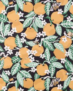 an orange and leaf print fabric with white flowers, leaves and bees on black background