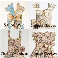 four different types of clothing made out of old maps and newspaper paper with bows on them