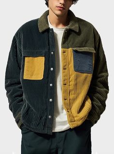 "Brave the winter chill in style with our Men's Color Block Patchwork Corduroy Shirt Jacket. A fusion of warmth and fashion, complete with flap pockets for extra flair. Embrace the season with rugged sophistication. ❄️🧥 #WinterStyle #MensFashion #ColdWeatherChic" Vintage Outfits For Men, Retro Vintage Outfits, Corduroy Shirt Jacket, Hoodie Jacket Men, Shirt Jacket Men, Drawstring Waist Pants, Corduroy Shirt, Winter Design, Print Jacket