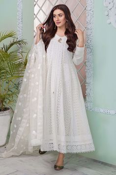 Aisha Imran. Scarlet sage Festive White Lawn Suit With Dabka Detailing, Festive White Anarkali Set With Dabka, White Lawn Suit With Dabka For Festivals, White Organza Salwar Kameez With Lace Work, White Dabka Lawn Suit For Festivals, White Anarkali Lawn Suit With Chikankari Embroidery, White Anarkali Lawn Suit For Eid, White Bollywood Lawn Suit For Festivals, White Salwar Kameez With Dabka For Festive Occasions