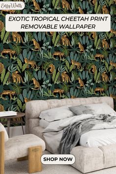 an exotic cheetah print removable wallpaper is featured in this advert