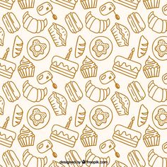 a white and gold background with many different types of desserts on it, including donuts